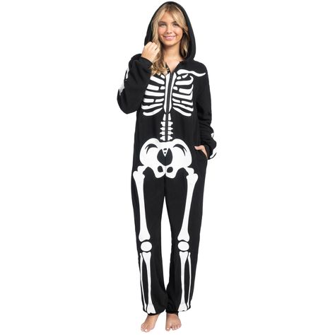 PRICES MAY VARY. Complete Set: This Skeleton jumpsuit Pajama set includes a black hooded jumpsuit with skeleton design in the front. The zipper closure allows quickly get dressed or undressed, built in pockets allows stashing your phone, wallet or other items. Transform into a spooky and stylish skeleton with this comfortable and versatile costume. Quality Material: Crafted from 100% polyester, our Women Skeleton jumpsuit is durable, ultra-soft, and cozy, keeping you warm throughout your Hallowe Skeleton Jumpsuit, Pajama Party Outfit, Adult Women Halloween Costumes, Pregnancy Costumes, Women Skeleton, Skeleton Halloween Costume, Estilo Hipster, Hipster Women, Skeleton Costume