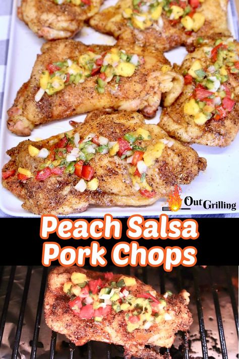 Peach Salsa Pork Chops are grilled boneless pork chops topped with fresh peach salsa that can be ready in about 30 minutes. A quick and easy weeknight dinner that is delicious enough for entertaining or a weekend cookout. Salsa Pork Chops, Grilled Beef Recipes, Bbq Pork Chops, Peach Salsa, Pellet Grill Recipes, Grilled Pork Chops, Boneless Pork Chops, Grilled Peaches, Easy Weeknight Dinner