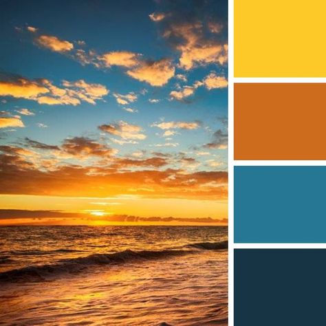 Voici un exemple de choix de couleur et de thème en fonction d'une image. Ici, c'est uneimage qui représente à la fois le dynamisme (couleurs chaudes: jaune et orange) et le calme, la sérénité avec les couleurs froides (bleus). Orange Yellow Blue Color Palette, Western Color Palette, Blue Pallets, Color Palette Warm, Sunset Color Palette, Create Color Palette, Orange Color Palettes, Gold Color Palettes, Color Palette Challenge