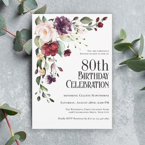 $1.98 | Boho Red Blush and Purple 80th Birthday Party #boho floral 80th birthday party, red blush pink purple flowers, elegant beautiful tasteful, modern stylish unique, eighty 80, garden roses, feminine for her, milestone birthday celebration, adult birthday parties, printed or digital download invites Floral Birthday Party Invitations, Elegant Birthday Invitations, 92nd Birthday, 75th Birthday Parties, 100th Birthday Party, Floral Birthday Invitations, 80th Birthday Invitations, Floral Birthday Party, Modern Birthday