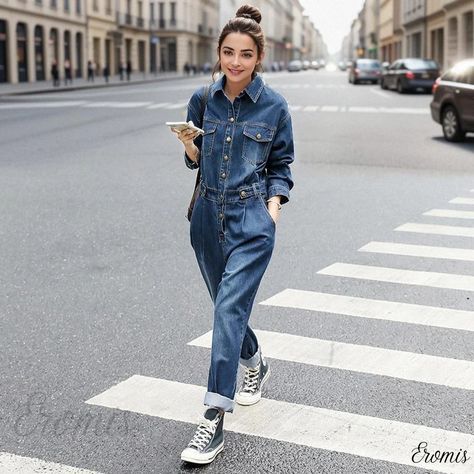 Eromis - Loose-fit Distressed Denim Jumpsuit with High Waist for Casual and Workwear Jean Overall Outfits Fall, Denim Jumpsuit Outfit Winter, Overall Outfits Fall, Jean Overall Outfits, Denim Jumpsuit Outfit, Work Overalls, Casual Work Wear, Denim Jacket Outfit, Casual Workwear