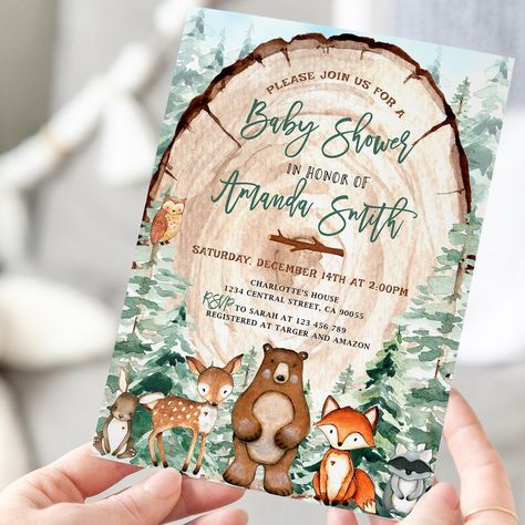 Forest Animals Baby Shower Invitation Woodland Animals - Etsy Baby Cook, Woodland Theme Baby, Forest Animal Baby Shower, Forest Baby Showers, Animal Baby Shower Invitations, Animals Baby Shower, Baby Shower Woodland Theme, Woodland Baby Shower Invitations, Hudson Baby