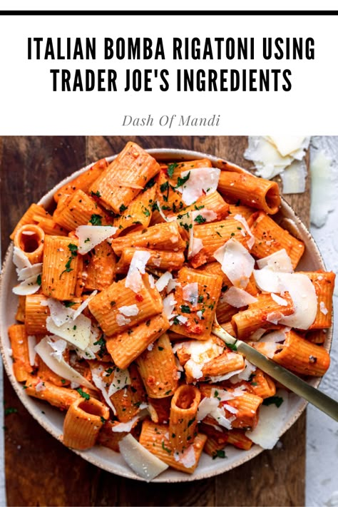 Easy spicy Italian bomba rigatoni using Trader Joe’s ingredients Trader Joes Italian, Easy Trader Joes Pasta Recipes, Pasta Trader Joes, Trader Joe’s Dinner For Two, Best Trader Joe’s Recipes, Trader Joes Recipes Pasta, Trader Joe’s Dinner Party, Trader Joe Pasta Recipe, Trader Joe's Pasta Recipe