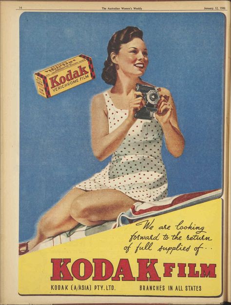 1946 advertisement for Kodak film : Free Download, Borrow, and Streaming : Internet Archive Dorm Pictures, Quote Collage, Retro Logo Design, Kodak Camera, Mid Century Colors, Kodak Film, Dorm Posters, Film Posters Vintage, Collage Vintage