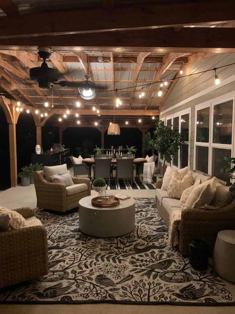 night Carport Lounge Ideas, In Closed Patio Ideas, Carport Seating Area, Patio Entertaining Spaces, Back Patio Set Up, Uncovered Deck Ideas, Carport Sitting Area Ideas, Large Back Patio Ideas, Entertaining Area Outdoor