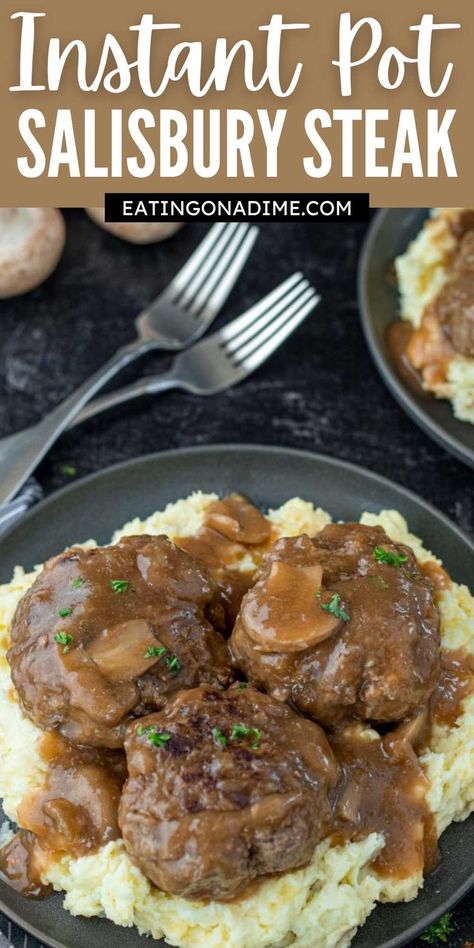 Homemade Instant Pot Salisbury Steak is a delicious recipe that cooks easily in the pressure cooker. Serve over mashed potatoes for a delicious meal. It makes for a quick and easy weeknight dinner. This Instant Pot Salisbury Steak Recipe is a family favorite and loaded with flavor. #eatingonadime #instantpotsalisburysteak #salisburysteak Salisbury Steak Gravy, Instant Pot Salisbury Steak, Best Salisbury Steak Recipe, Salisbury Steak Crockpot, Hamburger Steak And Gravy, Easy Salisbury Steak, Salisbury Steak Recipe, Food Change, Over Mashed Potatoes