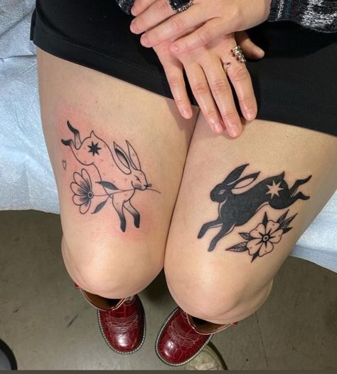 Tattoos That Open Up On Arm, Black And White Bunny Tattoo, Black And White Rabbit Tattoo, Long Horizontal Tattoo, Two Headed Rabbit Tattoo, Tattoos For Sensitive People, Two Rabbits Tattoo, American Traditional Bunny Tattoo, Symmetrical Thigh Tattoos