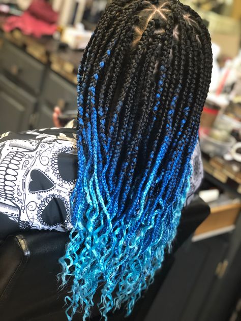 Blue Ombré Box Braids Ombre Blue Box Braids, Blue And Black Box Braids, Ombré Box Braids, Braids Colours, Blue And Black Braids, Black Braids Hairstyles, Blue Box Braids, Ombre Box Braids, Kids Box Braids