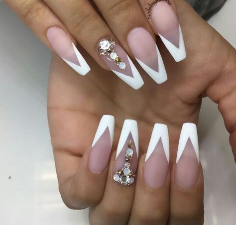 V French Tip Nail Design with Swarovski Crystals Coffin Nails Matte, Nails Yellow, French Tip Nail Designs, French Tip Acrylic Nails, Coffin Shape Nails, Tip Nails, Coffin Nails Long, Trendy Nail Art, Pink Nail