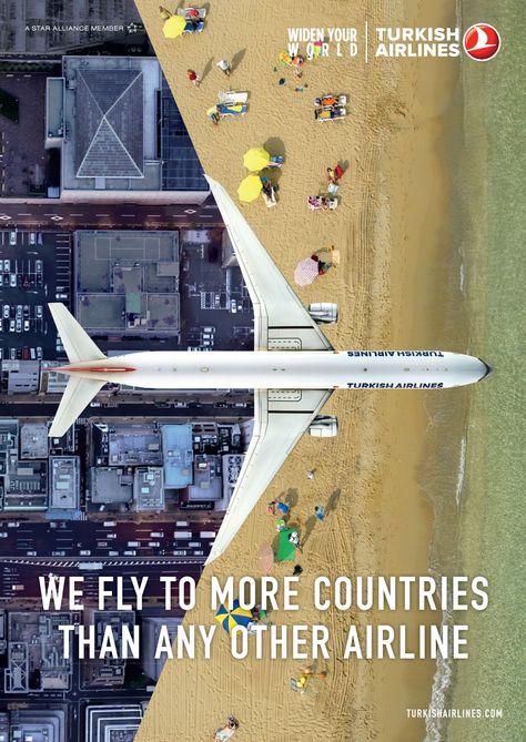 Turkish Airlines: We fly to more countries than any other airline | Havayolu 101 Creative Airline Ads, Plane Creative Ads, Airline Advertising Graphic Design, Web Design Ads Ideas, Airline Ads Creativity, Plane Advertising, Logistics Ads, Travel Creative Ads, Airlines Ads