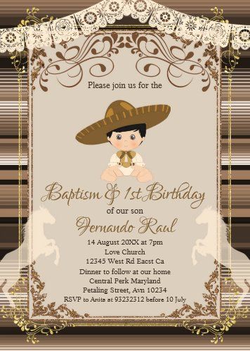 Brown Fiesta Baptism Cross and First Birthday Inv Invitation | Zazzle Bautizo And 1st Birthday, Cowboy Baptism Ideas, First Birthday And Baptism Ideas For Boy, Charro First Birthday Boy, Western Baptism Ideas, Cielito Lindo Baptism Theme, Charro Bautizo Ideas Boy, First Bday, First Communion Decorations