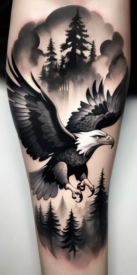 Forest Tattoo Design, Eagle Tattoo Arm, Eagle Shoulder Tattoo, Revolution Tattoo, Forest Forearm Tattoo, Eagle Tattoo Design, Eagle Head Tattoo, Body Armor Tattoo, Peace Tattoos