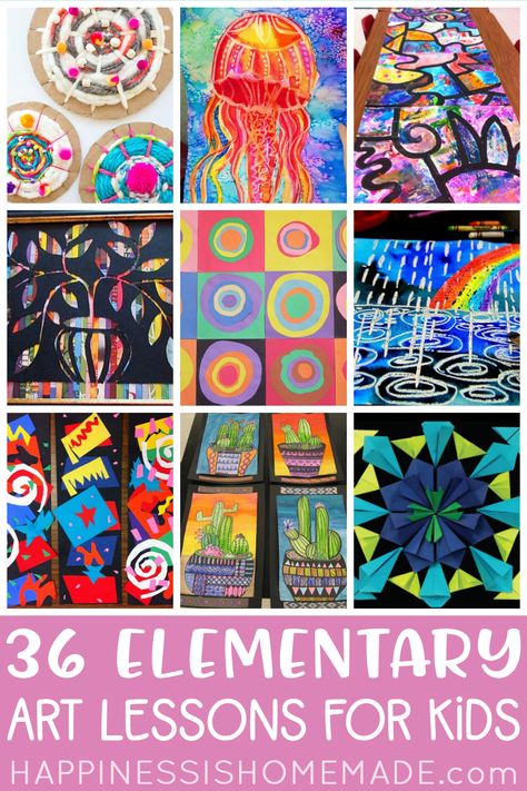 36 Elementary Art Lessons for Kids - one for every week of the school year! Perfect for homeschool families, teachers, scout leaders, and parents! Sen Art Activities, Art Class For Elementary Students, One Day Art Lessons Elementary Fun Activities, Art Lessons For Elementary Students, One Day Art Lessons Elementary, Art Projects For Elementary Students, Projects For Elementary Students, Art Projects For Elementary, Coop Art