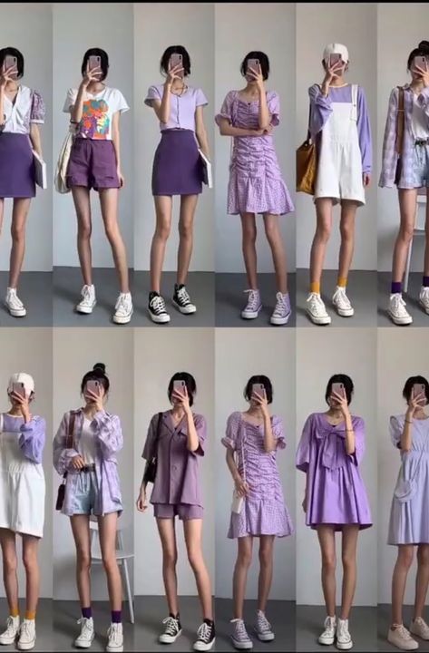 Korean Fashion For Petite Women, Purple Outfit Ideas Casual, Lilac Outfit Ideas, Japanese Fashion Women Casual, Purple Fashion Outfit, Japanese Fashion Women, Simple Style Outfits, Pink Gloves, Clothing Guide