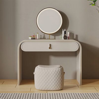 Embrace a life of elegance with our sleek and luxurious vanity table. Boasting ample storage and sleek design, it's the perfect blend of simplicity and sophistication. Scratch-resistant, water-proof, and easy to clean, it's a must-have for your beauty routine. With its adjustable mirror and rounded edges, it not only enhances your beauty but also ensures your safety | Everly Quinn 31.5"Solid wood light khaki vanity w/ LED mirror and stool Brown | C110645257 | Wayfair Canada Vanity With Led Mirror, Luxurious Vanity, Small Dressing Table, Bedroom Makeup Vanity, Mirror Stool, Small Vanity, Bedroom Vanity, White Vanity, Vanity Decor