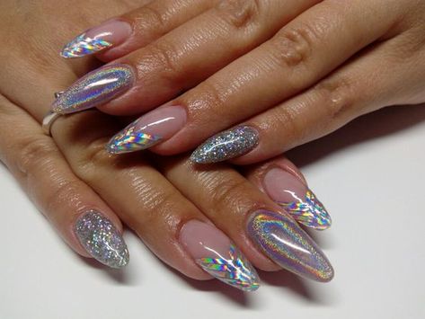 Toast To The New Year, Holographic Nail Designs, Red French Manicure, Ombre Chrome Nails, Disco Nails, New Year Nails, Year Nails, Glitter French Tips, Blue French Tips