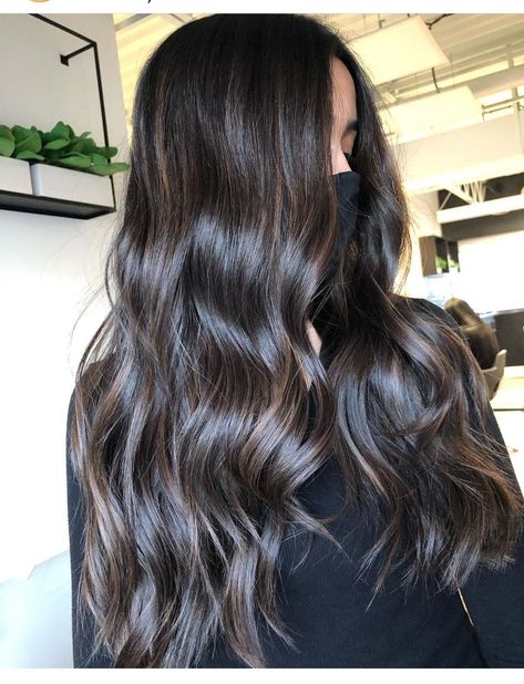 Dimensional Espresso Hair, Toner For Black Hair, Black Hair Mocha Highlights, Dark Toner For Brown Hair, Dark Chocolate Brown Hair Espresso Balayage, Glazed Brunette, Dark Chocolate Brown Hair Color Espresso, Indian Hair Balayage, Muted Brown Balayage On Black Hair