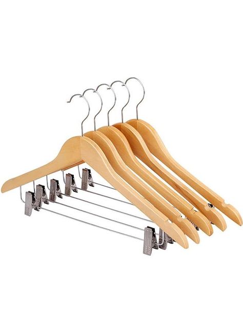 1.Made of smooth solid lotus wood, with an elegant chrome hook and an adjustable clip for hanging your skirts, trousers and jeans., 2.These sturdy wooden pant hangers have a great holding capacity. Our wooden hangers with clips can double as short hangers, wooden skirt hangers with clips or wood pant hangers with clips for trousers or skirts., 3.The chrome metal short clips of these hangers for shorts feature soft, rubberized, nonslip grips that hold your clothes securely without causing creases or marks on them., 4.The smart 360-degree swivel hooks on our jean hanger set helps you organize your closet easier. Find the garment you need or add a new item without even unhooking the hanger!