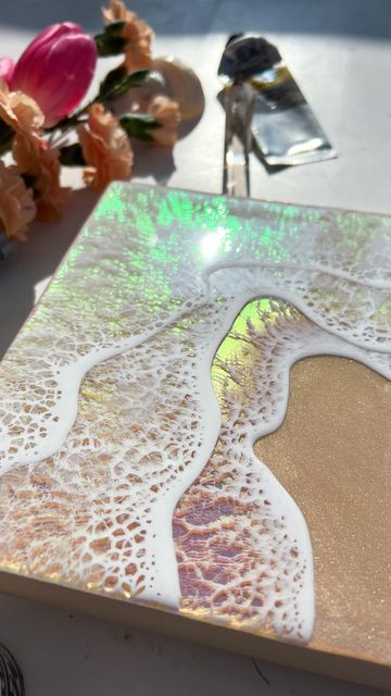 Emily Mcsevich Art, Holographic Resin Art, Opal Art Resin, Resin Pour Art, Ocean Epoxy Resin Art, Ocean Pour Resin, Opal Effect Resin, Holographic Art, Resin Ocean Effect