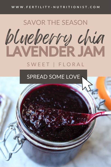 With blueberries in season, this is the best way to preserve the harvest! This homemade Blueberry Lavender Jam is delicious and great for canning, and there is no added sugar! The hint of lovely floral lavender takes traditional blueberry jam to the next level! Blueberry Lavender Jam, Lavender Jam, Chia Jam Recipe, Blueberry Lavender, Jam Recipes Homemade, Fertility Foods, Chia Jam, Blueberry Jam, Jam Recipe