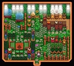 Stardew Tea Shed, Stardew Valley Cafe Shed, Stardew Valley Shed Design, Stardew Shed, Stardew Decor, Kyoshi Island, Witch House Interior, Farm Layouts, Stardew Ideas