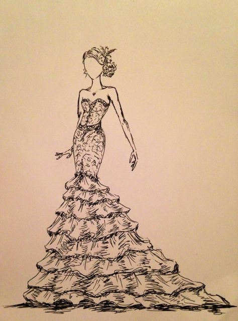 "Bring your wedding dress to life with a beautiful, black and white rendition! Traditional fashion design influences the elongated figure, showcasing the details of your dress. I will use your features for the figure, or if you prefer, I can create a sketch of the dress on a mannequin. I use high quality permanent Indian ink, and 140lb paper... So you can be sure your image will last for years! Send me a massage and let me know size requests, requests for monograms or scripted quotes... The possibilities are endless! Once we decide on the details, we will get started! Please allow 3-5 days for production. Once complete, I'll send a picture for your approval... THEN you can place your order! Rest assured that you will only pay if you love the product. Additional Pricing Examples: 8\"x10\" f Dress On A Mannequin, Fantasy Dress Design, Newspaper Fashion, Dress Sketch, Fashion Model Sketch, Fashion Design Template, Model Sketch, Fashion Drawing Sketches, Fashion Design Sketch