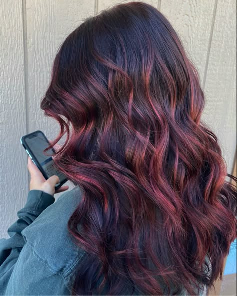 Maroon Hair Color Highlights, Dark Brown Hair With Red Violet Balayage, Red And Black Lowlights In Brown Hair, Deep Red Lowlights In Brown Hair, Maroon Brown Balayage, Red Violet Balayage Brunette, Dark Cherry Red And Black Hair, Cherry Bayalage Hair, Burgandy Highlight Hair