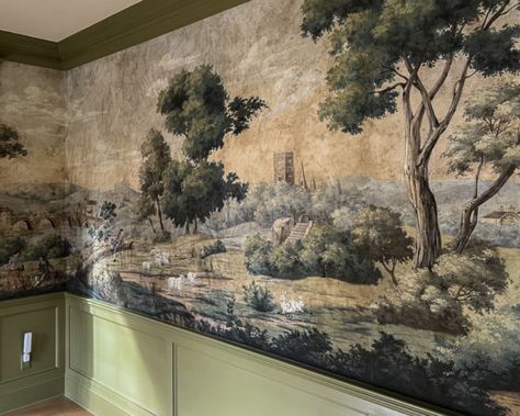 Moody Mural Wallpaper, Dark Dining Room Walls, Forest Wall Mural Painted, English Wallpaper Aesthetic, Vintage French Wallpaper, Fresco Painting, Wallpaper Installation, Basement Renovation, Scenic Wallpaper