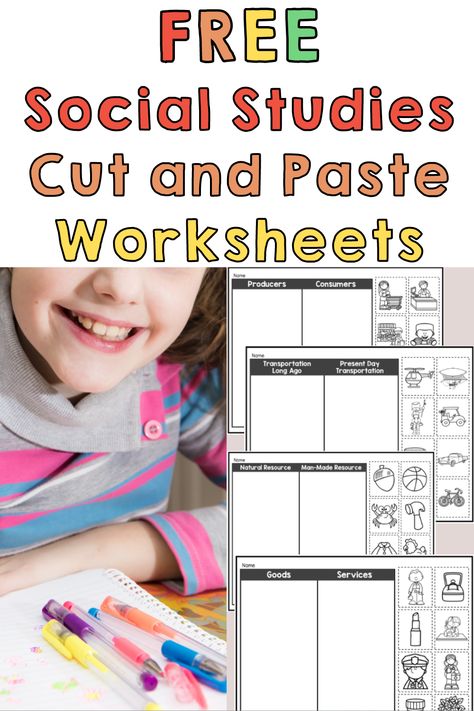 Bring fun and engaging worksheets to your social studies classroom! Our FREE Social Studies Cut & Paste Worksheets include activities on topics such as transportation, resources, and more. With creative and unique patterns, these worksheets are sure to make learning more enjoyable for your students. Download your copy now and have a wonderful time with your students! Kindergarten Social Studies Worksheets Free Printable, Prek Social Studies, 1st Grade Social Studies Worksheets, Social Studies Printables, Preschool Social Studies, Social Studies Projects, 3rd Grade Social Studies, Differentiated Learning, Kindergarten Social Studies