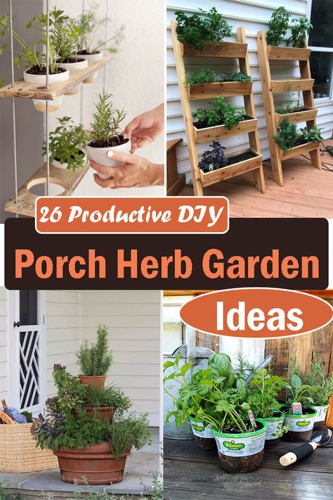 Back Porch Herb Garden, Herb Garden Screened Porch, Porch Herb Garden Ideas, Porch Garden Ideas, Herb Planter Ideas, Porch Herb Garden, Herb Table, Herb Garden Outdoor, Backyard Decoration Ideas