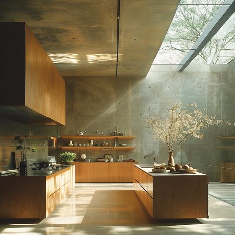 Explore this stunning mid-century modern kitchen designed by Tadao Ando. Featuring a breathtaking skylight and an Amber Glow color palette, this space is a masterpiece of architecture photography 🌈 #colorfulinterior #greeninterior #blueinterior #goldeninterior #purpleaesthetics #midcenturymodernhome #midjourneyarchitecture Mod Century Kitchen, Tadao Ando Interior Design, French Midcentury Modern, Modern Century Kitchen, Mid Century Modern Stairs, Modern 70s Kitchen, Mid Modern Century Kitchen, Tadao Ando Interior, Mid Century Modern House Interior