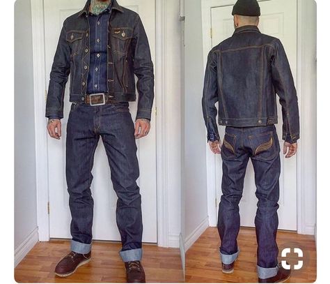 Denim And Boots Outfit, Raw Denim Outfit, Raw Denim Outfit Men, Denim And Boots, Denim Outfit Men, Mens Fashion Denim, Biker Denim, Mens Fashion Smart, Mens Fashion Rugged