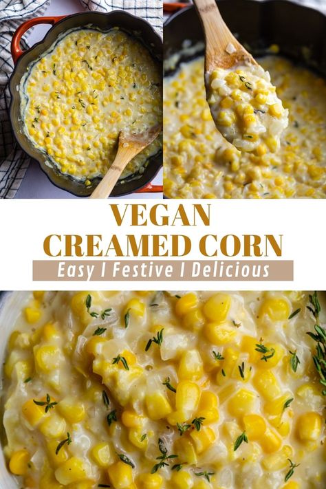 This Vegan Creamed Corn is SO ridiculously simple to make and absolutely delicious. No one will even know that it's dairy free and plant-based! Perfect for holiday dinners or even simple weeknight meals. Vegan Side Dishes For Easter, Dairy Free Corn Recipes, Dairy Free Creamed Corn, Dairy Free Christmas Sides, Corn Recipes Vegan, Vegan Cream Corn Recipe, Dairy Free Side Dishes, Vegan Creamed Corn, Vegan Corn Casserole