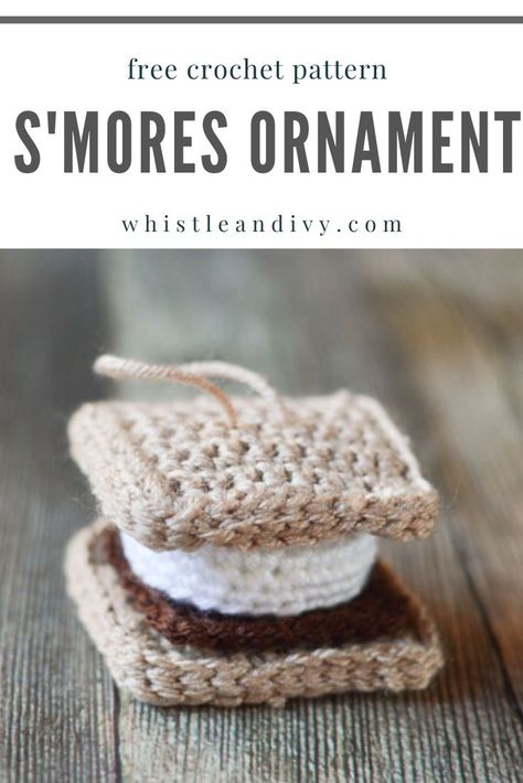 Who doesn't love S'mores?  I think everyone who has them literally asked for "some more"! Celebrate the warmer weather with this fun S'more ornament!  This free pattern will get you on track to make this cute ornament.  Good luck only making one.  Once you make one, you will definitely want S'more!  #whistleandivy #crochetdecor #crochetornament Crochet Christmas Ornaments Free, Crochet Ornament Patterns, Crochet Xmas, Crochet Christmas Decorations, Crochet Ornaments, Crochet Food, Holiday Crochet, Crochet Christmas Ornaments, Lou Lou