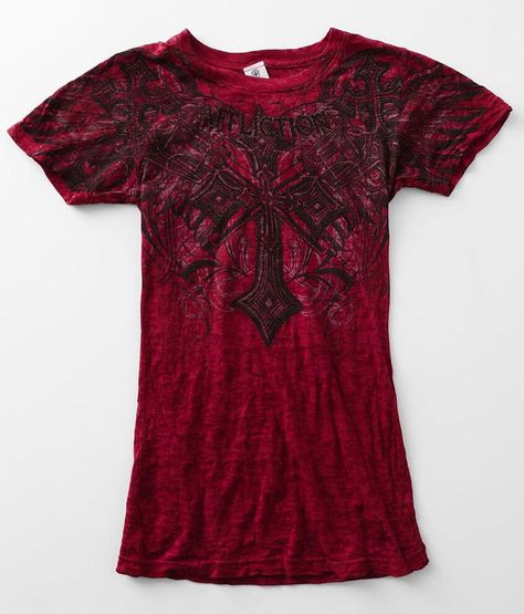 Affliction Priscilla Burnout T-Shirt - Red X-Small, Women's Sangriaburnoutwash Rhinestone graphic fitted t-shirt Bust measures 30 on size small Body length 25 on size small. 50% Cotton, 50% Polyester. Machine wash cold with like colors. Do not bleach. Tumble dry low. Do not iron. Do not dry clean.. Measurements: Bust -Fullest part of bust with arms at sides. Waist -Circumference of natural waist: above belly button, below rib cage. Hips -Standing with feet together, fullest part of hips. WOMEN'S Affliction Clothing Women, Affliction Women, Sinful Clothing, Affliction Clothing, Waist Circumference, Alternative Outfits, Rib Cage, 2000s Fashion, Mode Inspiration