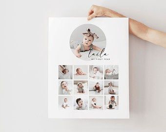 Printables for simple modern living by HarperAndWren on Etsy Birthday Photo Displays, Baby Photo Collages, Birthday Photo Collage, Year Poster, Birthday Collage, Bear Birthday Party, First Year Photos, Milestone Poster, Baby Frame