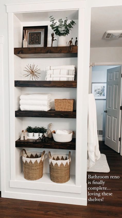 Shelving In Bathroom Ideas, Shelves Next To Bathroom Vanity, Bathroom Open Shelving Organization, Bathroom Storage Open Shelving, Open Closet Bathroom Ideas, Bathroom Open Storage Ideas, Hallway Open Shelving, Bathroom With Shelves Ideas, Bathrooms Shelves