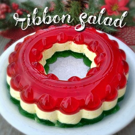 Layered Jello Salad - Amish Christmas Recipe - Amish Heritage Christmas Jello Mold, Layered Jello Salad, Gelatin Salads, Layered Jello Recipe, Jello Fruit Salads, Christmas Jello, Ribbon Salad, Congealed Salad, Jello Mold Recipes