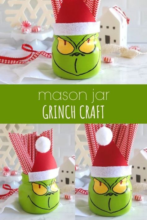 mason jar grinch craft Grinch Craft, Fun Homemade Gifts, Grinch Crafts, Creative Christmas Crafts, Christmas Crafts For Adults, Christmas Decorations For Kids, Jar Ideas, Painted Mason Jars, Craft Tutorial