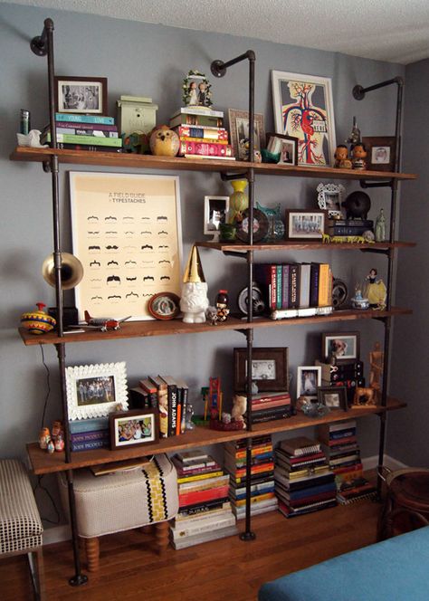 14 Ways to Get Organized with DIY Industrial Shelving! -- Tatertots and Jello I would use reclaimed wood of course Ikea Bookshelf, Diy Pipe Shelves, Home Office Shelves, Styling Shelves, Toy Display, Pipe Furniture, Industrial Shelving, Design Del Prodotto, Industrial House