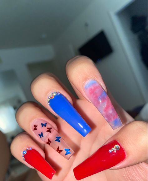 Red And Blue Acrylic Nails Coffin, Long Fourth Of July Nails, Red White Blue Acrylic Nails, Royal Blue And Red Nails, Long 4th Of July Nails, 4th Of July Nails Acrylic Coffin, Red And Blue Nails Acrylic, Blue And Red Nails Ideas, Blue And Red Nails Designs