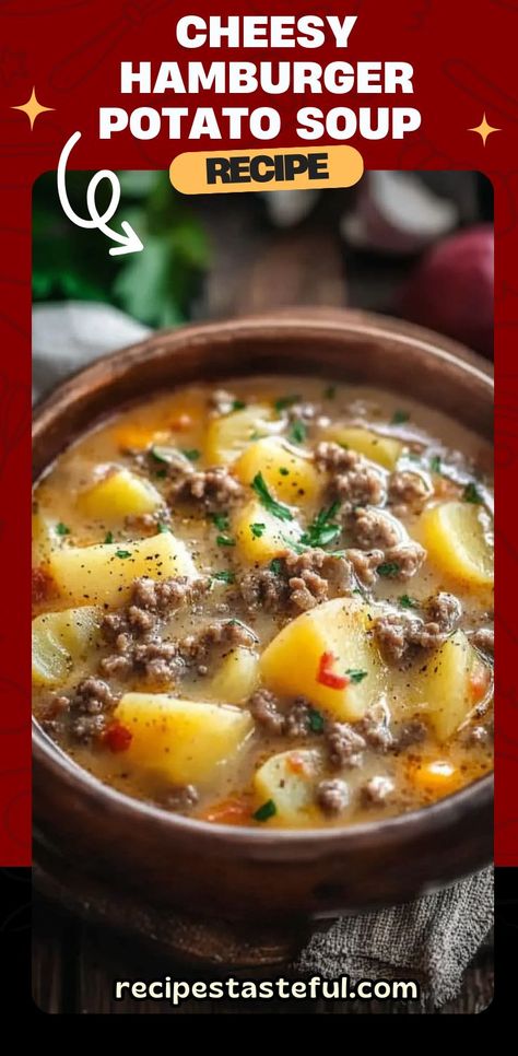 This Cheesy Hamburger Potato Soup is the perfect comfort food for any season. With hearty ground beef, tender potatoes, creamy cheese, and a rich broth, this soup is both filling and delicious. It's easy to make and perfect for a cozy meal with the family. Cheesy Hamburger Potato Soup, Creamy Cheesy Potatoes, Hamburger Potato Soup, Hamburger And Potatoes, Ray Peat, Easy Hamburger, Hamburger Soup, Creamed Potatoes, Potato Soup Recipe