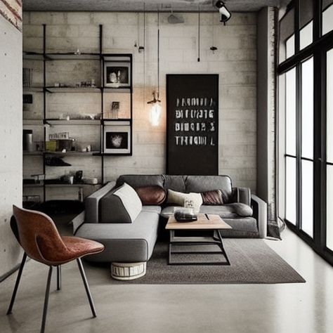 This is an industrial living room generated by AI. Small Living Room Ideas Industrial Style, Industrial Living Room Aesthetic, Industrial Interior Design Living Room Small Spaces, Industrial Apartment Aesthetic, Small Industrial Living Room, Minimalist Industrial Living Room, Contemporary Industrial Living Room, Cozy Industrial Living Room, Industrial Chic Living Room