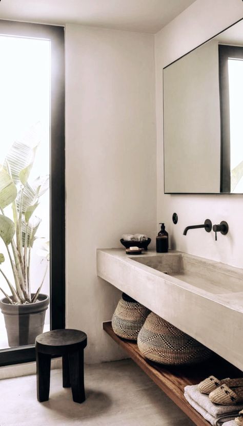 Concrete Vanity Sink, Cement Vanity Bathroom, Minimal Bathroom Vanity, Concrete Bathroom Vanity, Bathroom Tile Design Ideas, Beautiful Tile Bathroom, Tile Design Ideas, Concrete Vanity, Minimal Bathroom