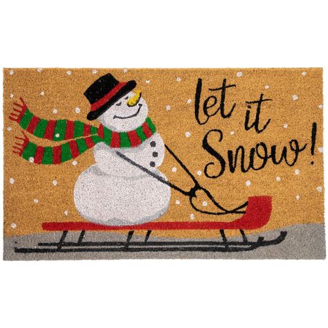 Welcome your guests with festive cheer this holiday season with this snowman coir outdoor Christmas doormat! This durable doormat features a charming snowman design with the words "Let it Snow" in playful lettering. Playful Lettering, Coir Door Mat, Snow Sled, Snowman Design, Christmas Doormat, Coir Mat, Christmas Central, Snow Christmas, Holiday Store