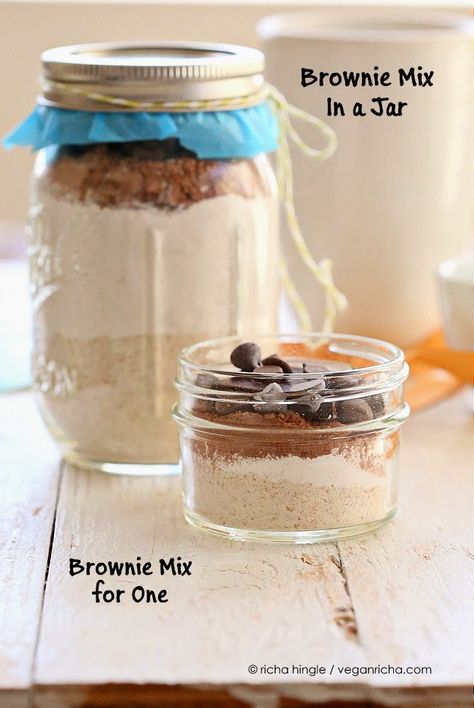 Vegan DIY Holiday Gifts, Jar Gifts, Cookies, Cakes and more. Gluten-free Soy-free options. - Vegan Richa Brownie Mix In A Jar, Single Serve Brownie, Cookie Jar Gifts, Brownies In A Jar, Mix In A Jar, Vegan Christmas Cookies, Edible Christmas Gifts, Vegan Richa, Christmas Cookie Jars