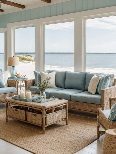 15 Modern Coastal Decor Ideas Your Home Needs | Aesthetic & Chic Coastal Decor Inspiration Coastal Condo Living Room, English Coastal Decor, Coastal Interior Aesthetic, Sea Glass Living Room, Coastal Theme Living Room, Rattan Living Room Decorating Ideas, Coastal Beach House Living Room, Coastal Room Aesthetic, Beachy Living Room Coastal Style