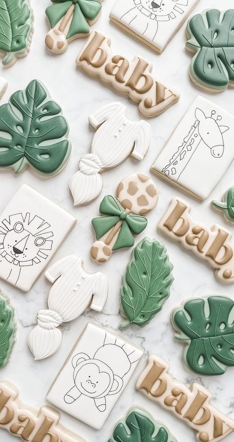 Safari Shower Ideas, Jungle Cookies, Safari Baby Shower Cake, Zoo Baby Shower, Wild Baby Shower, Giraffe Cookies, Kids Cookies, Safari Baby Shower Boy, Lion Baby Shower