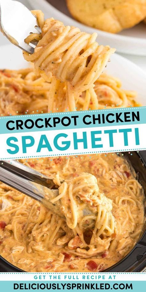 Your new favorite weeknight dinner for family! Smothered in creamy, cheesy goodness with Rotel, this easy crockpot chicken spaghetti is delicious. Gotta love a simple pasta recipe you can just dump in the slow cooker! Slow Cooker Chicken Spaghetti, Crockpot Chicken Spaghetti Recipe, Chicken Spaghetti Velveeta, Crockpot Chicken Spaghetti, Vegetable Slow Cooker, Chicken Spaghetti Recipe, Crockpot Spaghetti, Slow Cooker Pasta Recipes, Cheesy Chicken Spaghetti