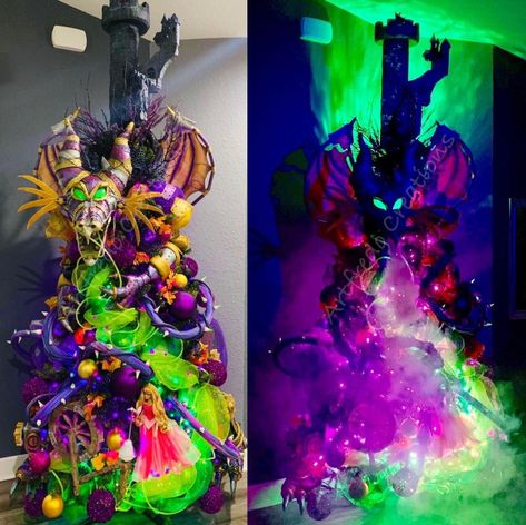 Disney Inspired Maleficent Halloween Tree by Alfredo Majuri Vargas – HomeCrux Maleficent Christmas Tree, Disney Villain Party, Maleficent Halloween, Halloween Christmas Tree, Disney Christmas Tree, Spooky Christmas, Evil Queens, Tree Themes, Evil Villains